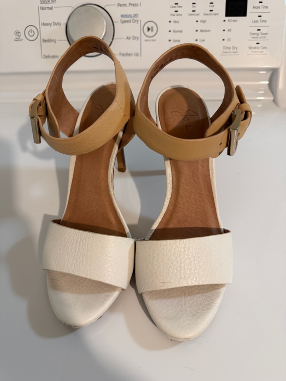 Joie Two-Tone Ankle Strap Heels in White and Tan